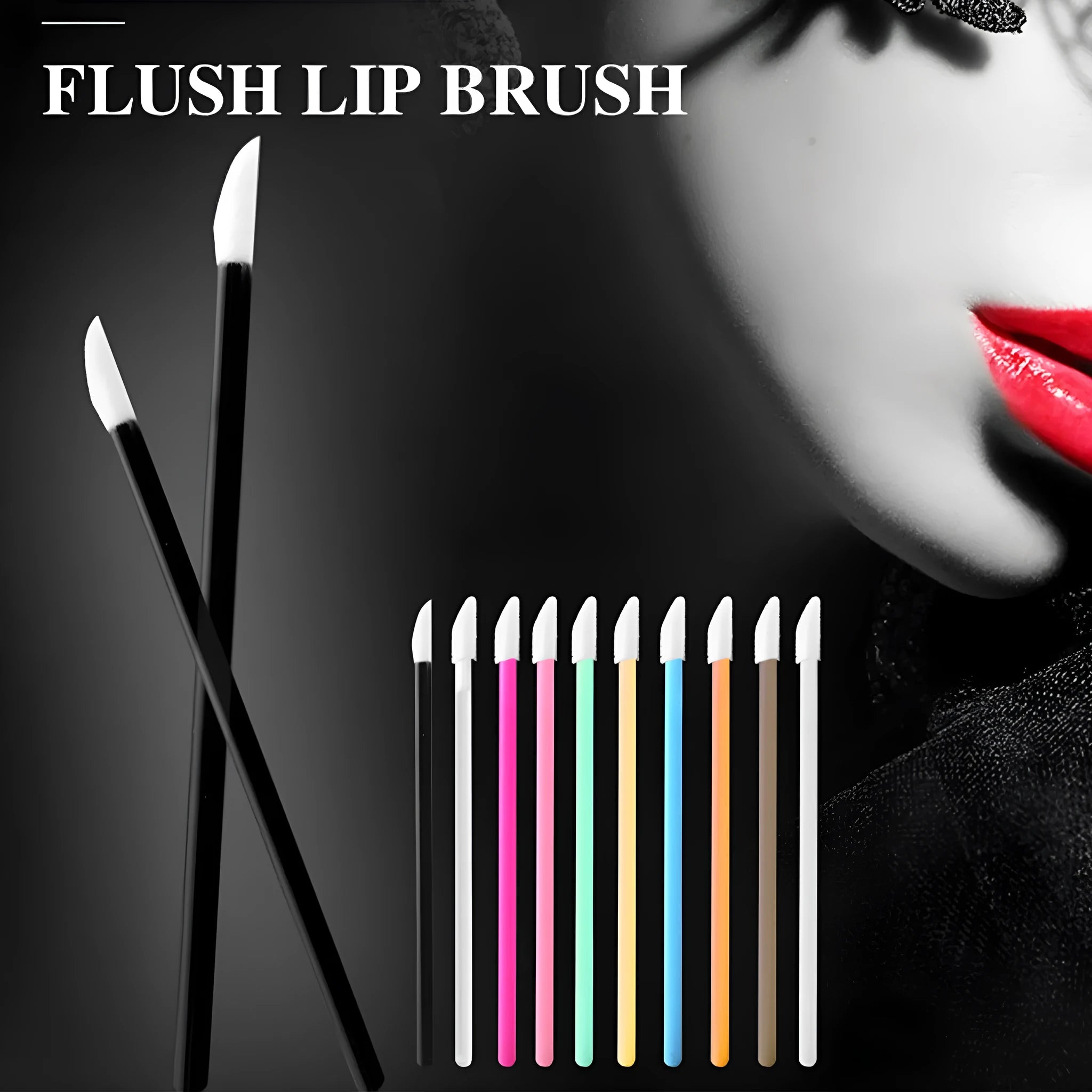 Disposable lip brushes with black handles and flocked tips in bulk packaging for lipstick and gloss application