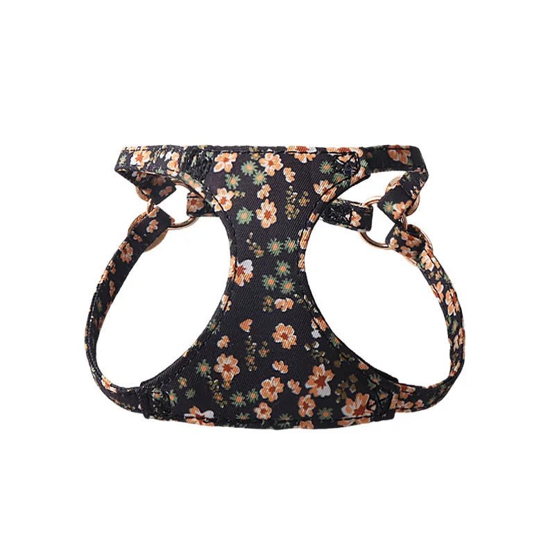 Floral pattern cloth pet harness with leash in orange colour showing single chest back design