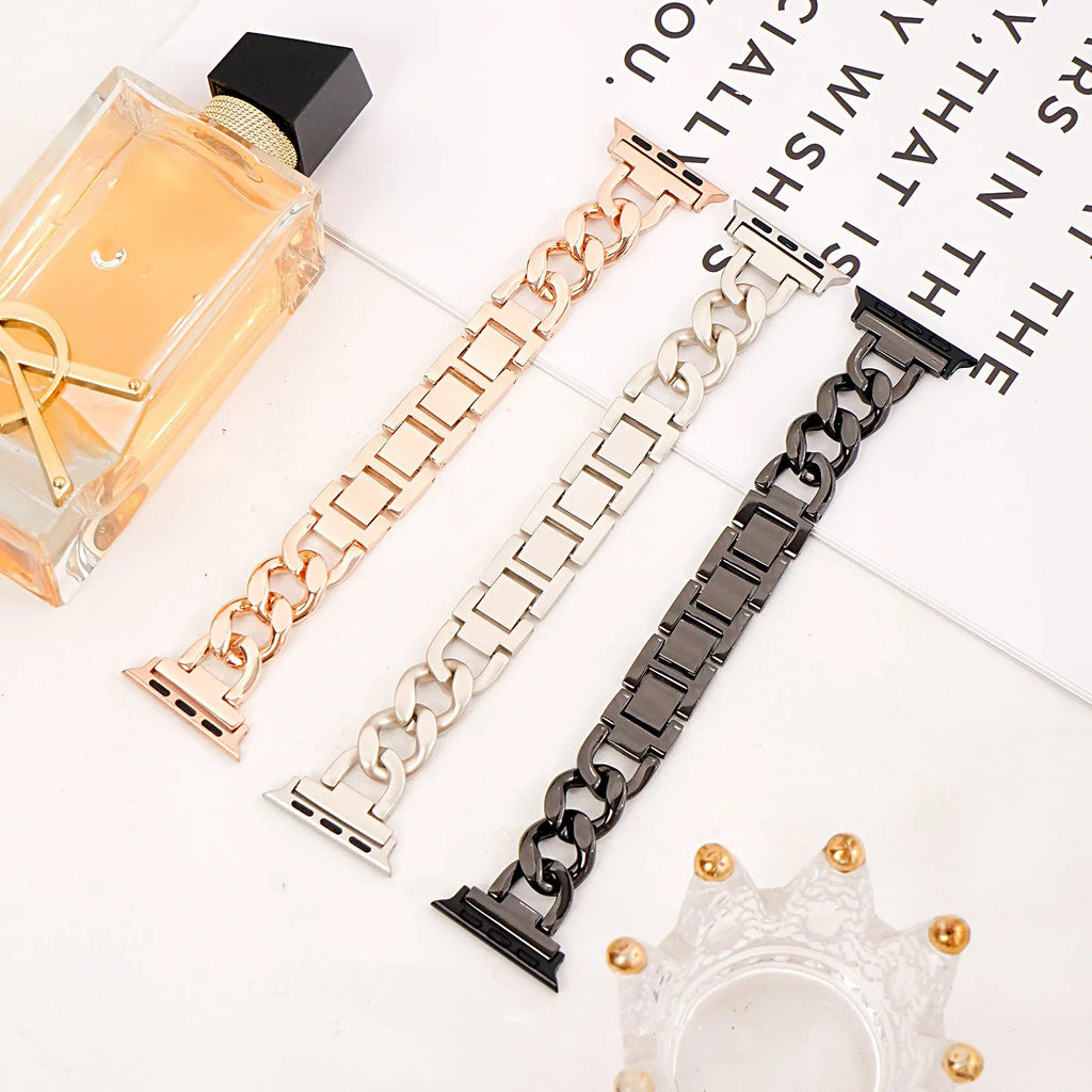 Metallic denim chain watch strap for Apple Watch in silver, black, gold, rose gold and Starlight colour options