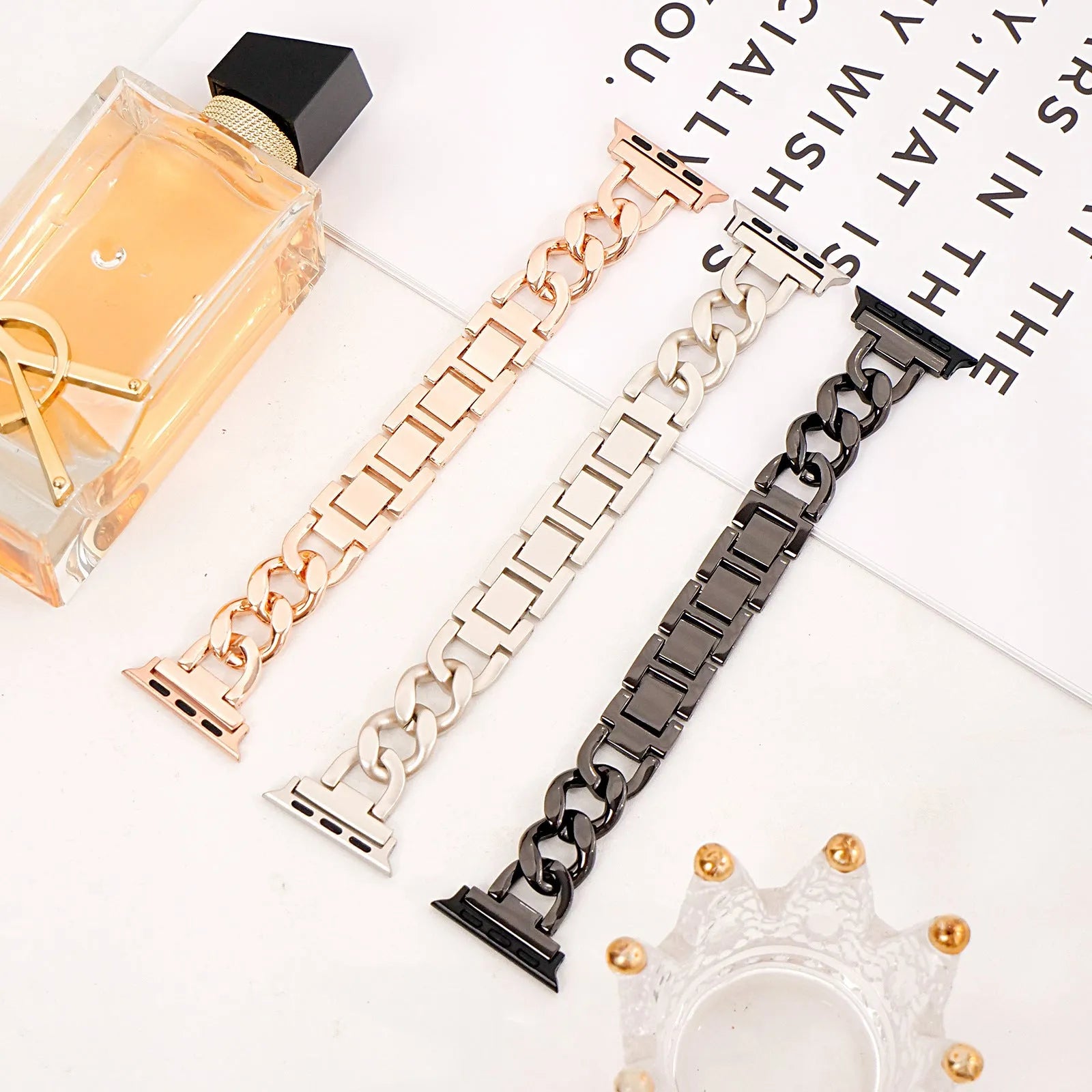 Metallic denim chain watch strap for Apple Watch in silver, black, gold, rose gold and Starlight colour options