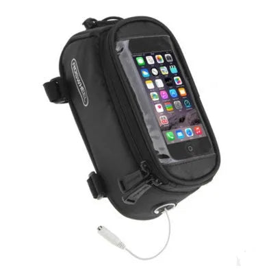 ROSWHEEL black bicycle frame phone bag attached to bike with iPhone inside