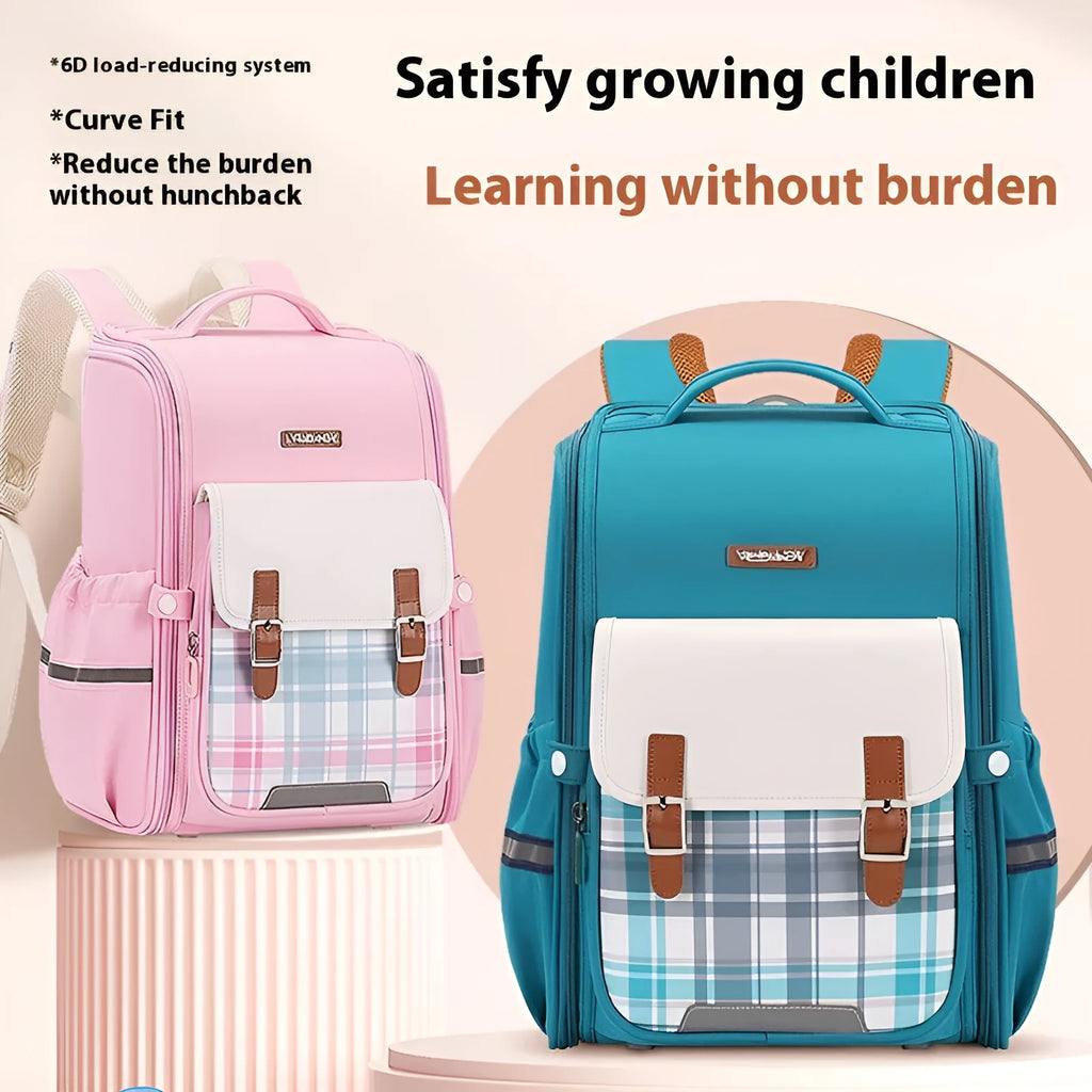Lightweight large capacity student schoolbag made of Oxford cloth in navy blue, royal blue, pink, green, and beige for Grade 5-6.