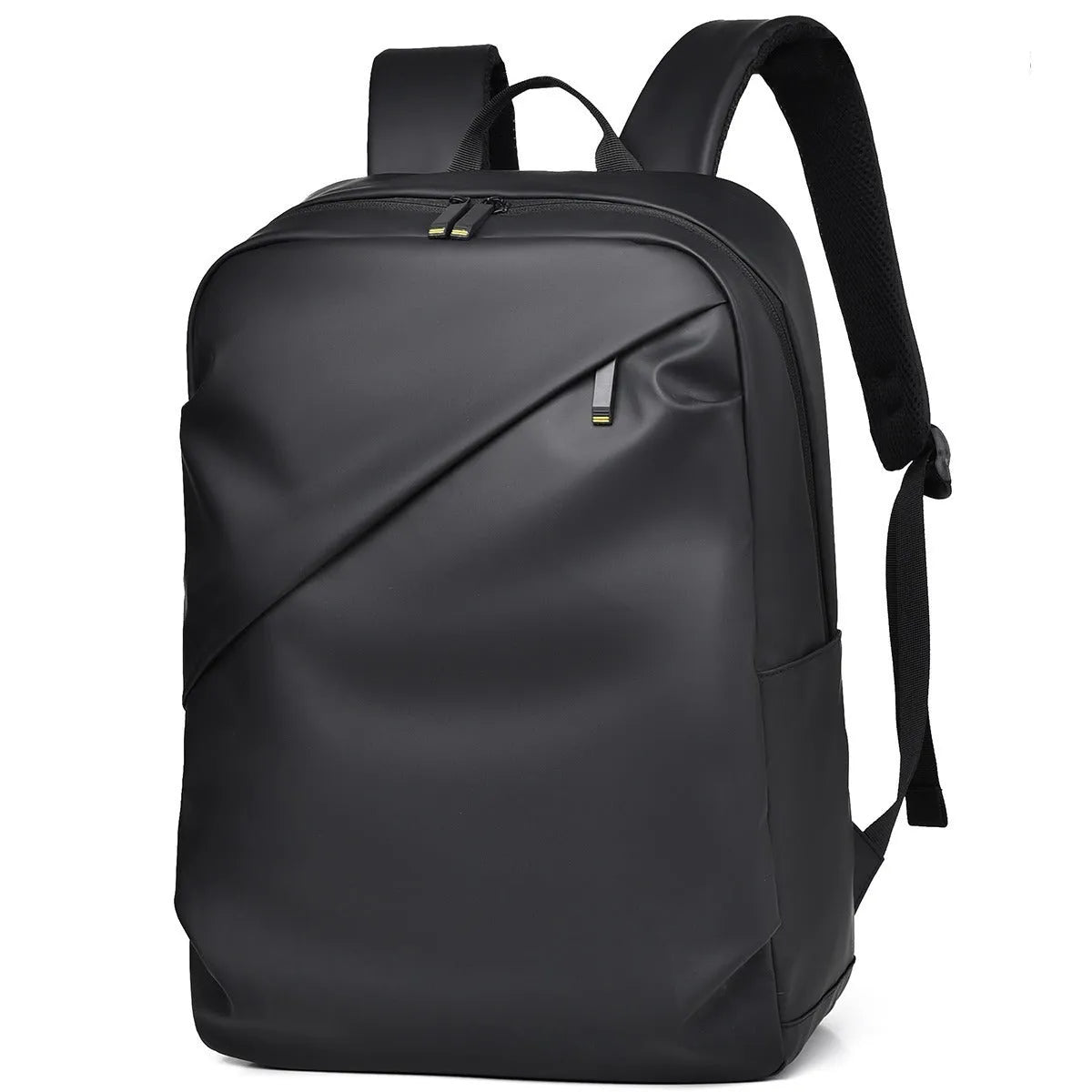 Waterproof large capacity black PU backpack with sewing thread detailing, shown closed.