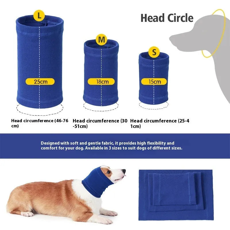 Blue polyester dog bandana scarf tied around a dog's neck, shown in size M.