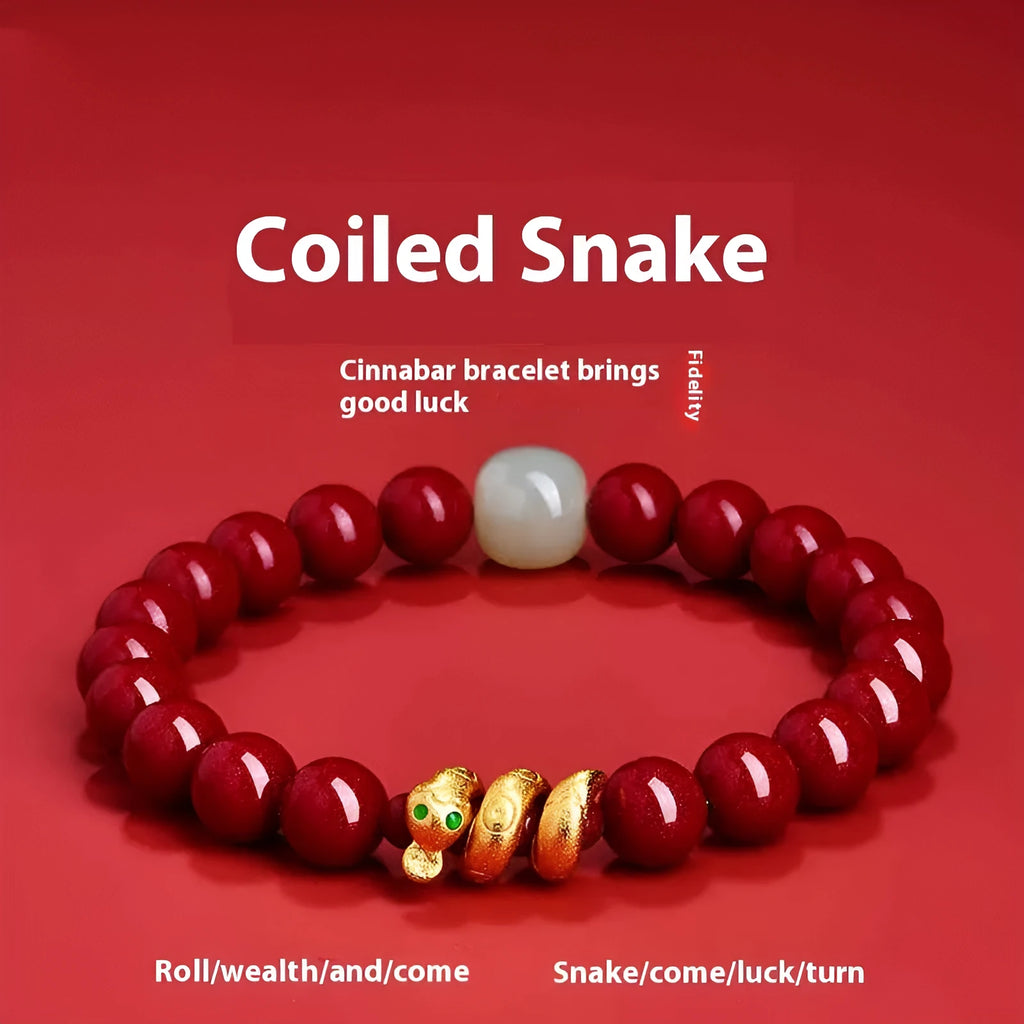 Handmade cinnabar snake zodiac bracelet with roll snake beads in Chinese style