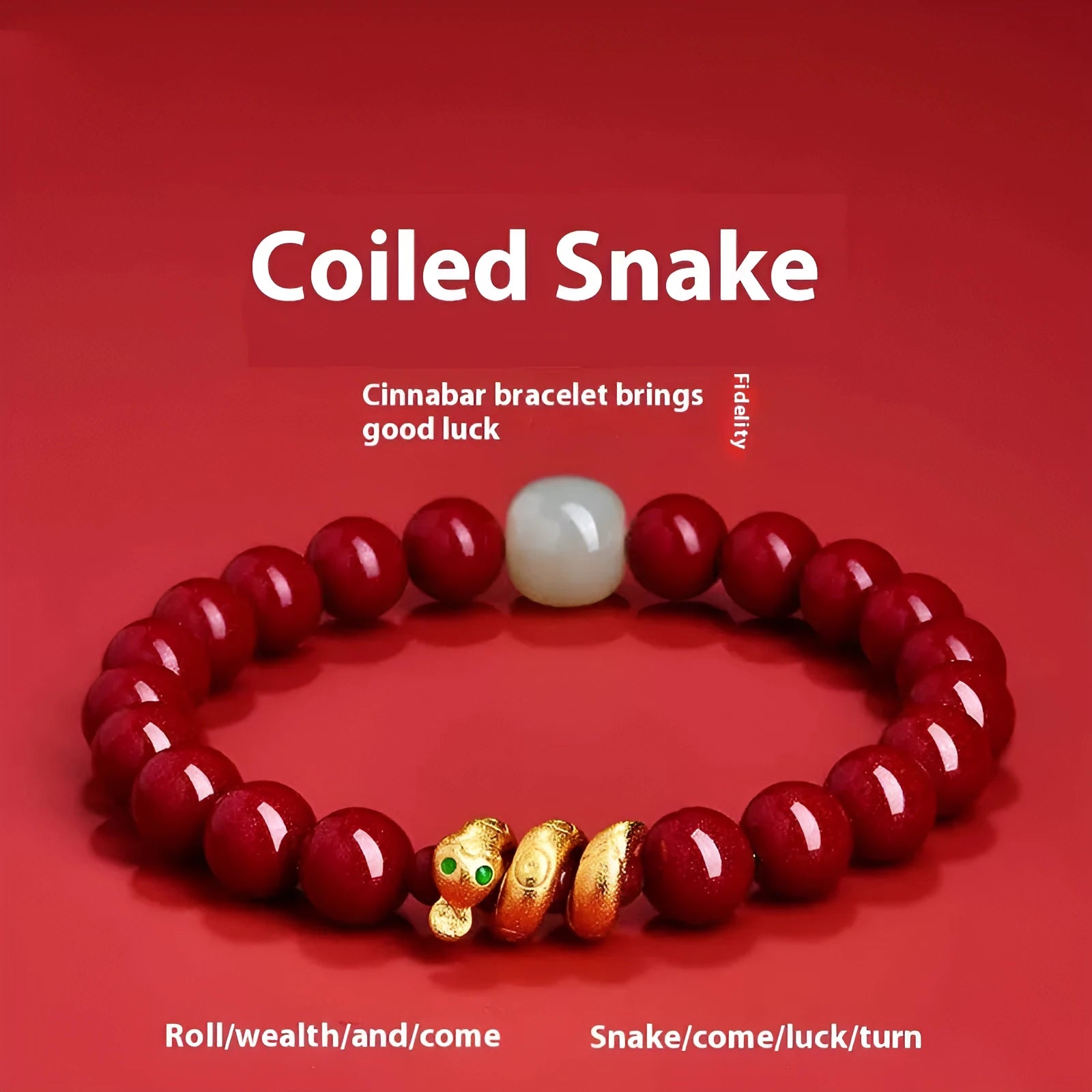 Handmade cinnabar snake zodiac bracelet with roll snake beads in Chinese style