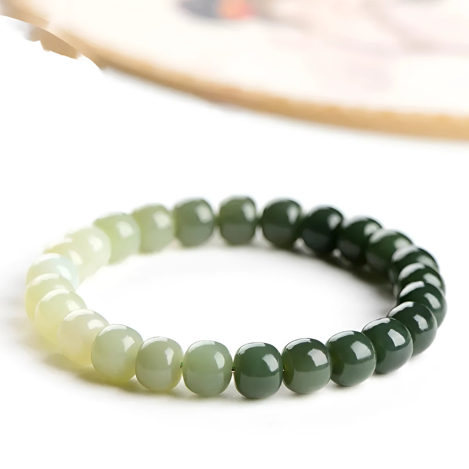 Natural Hetian jade bracelet with gradient clear water colour beads and sliding knot closure