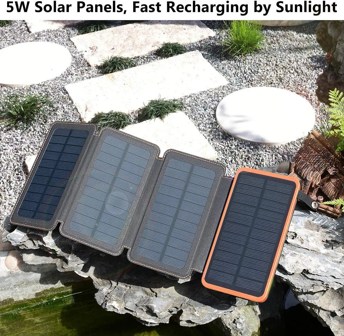 Outdoor waterproof solar power bank in multiple colours with charging cable and LED light