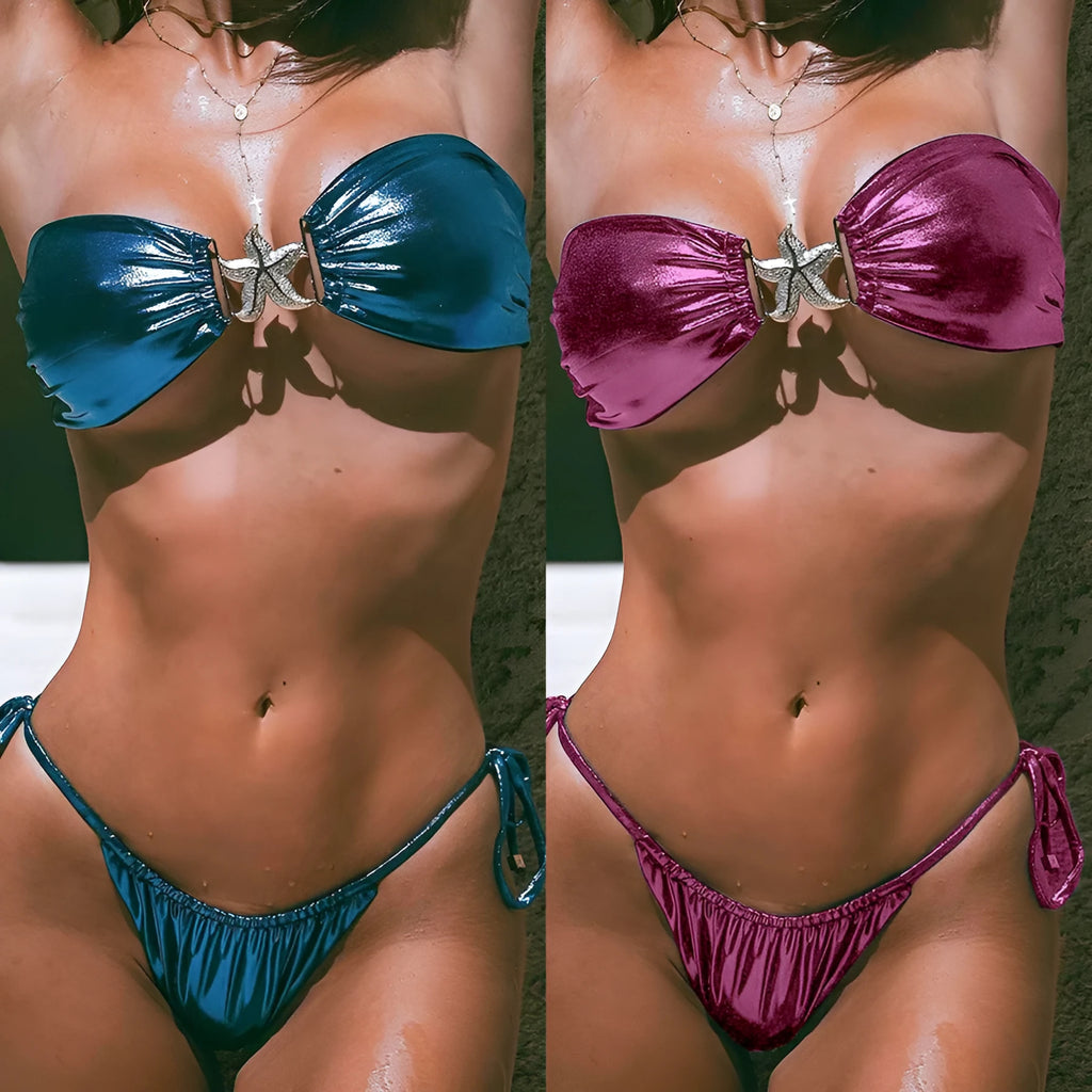 Women's glossy gold starfish print tube top bikini set in blue or pink
