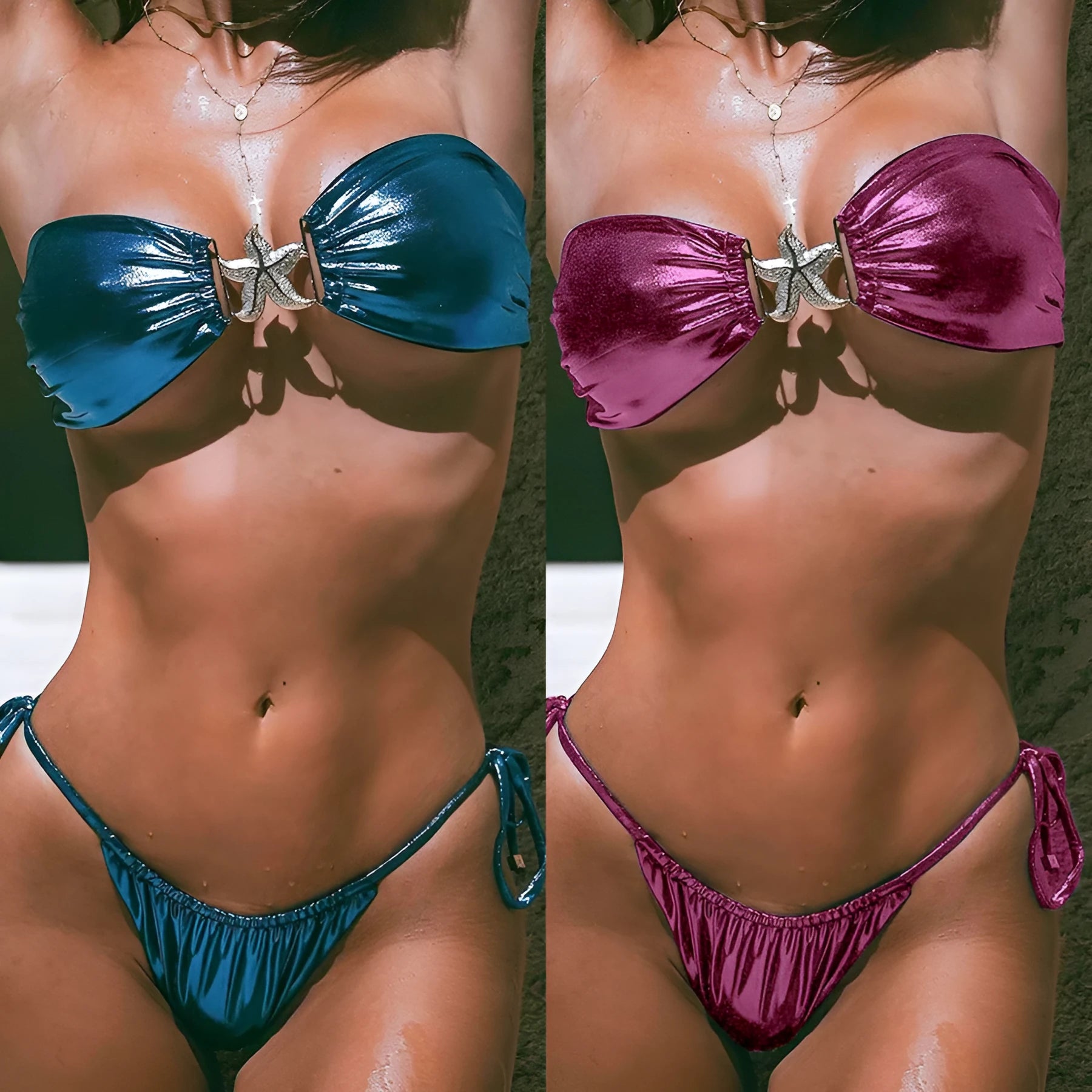 Women's glossy gold starfish print tube top bikini set in blue or pink