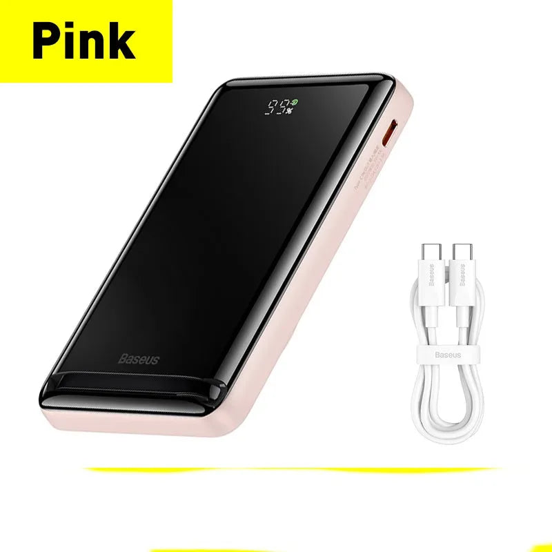 Slim blue 3-in-1 magnetic power bank with wireless charging capability showing dimensions