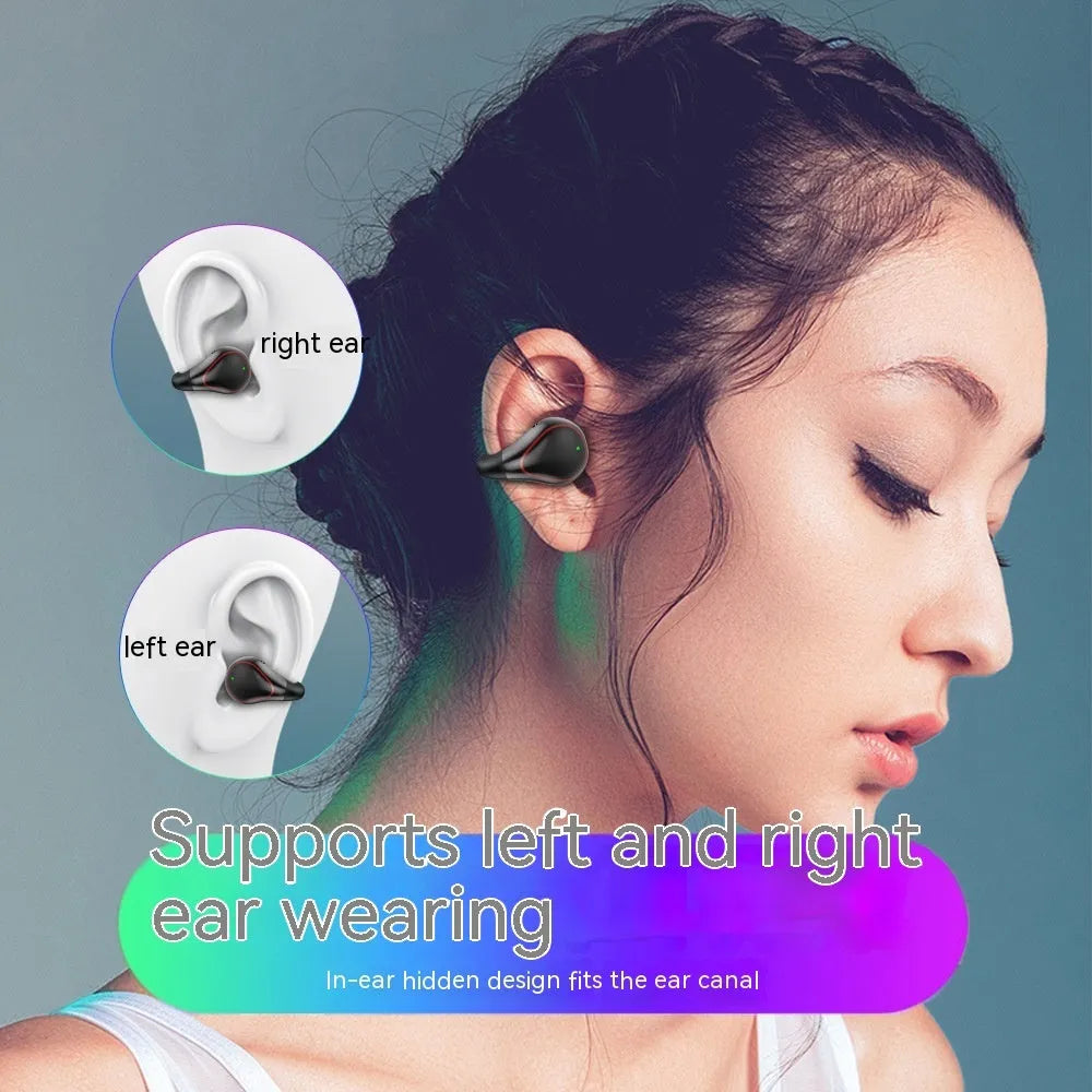 Mini Bluetooth invisible in-ear sports headset with ear hook, shown in Star Black, Local Gold, or Iron Gun Gray