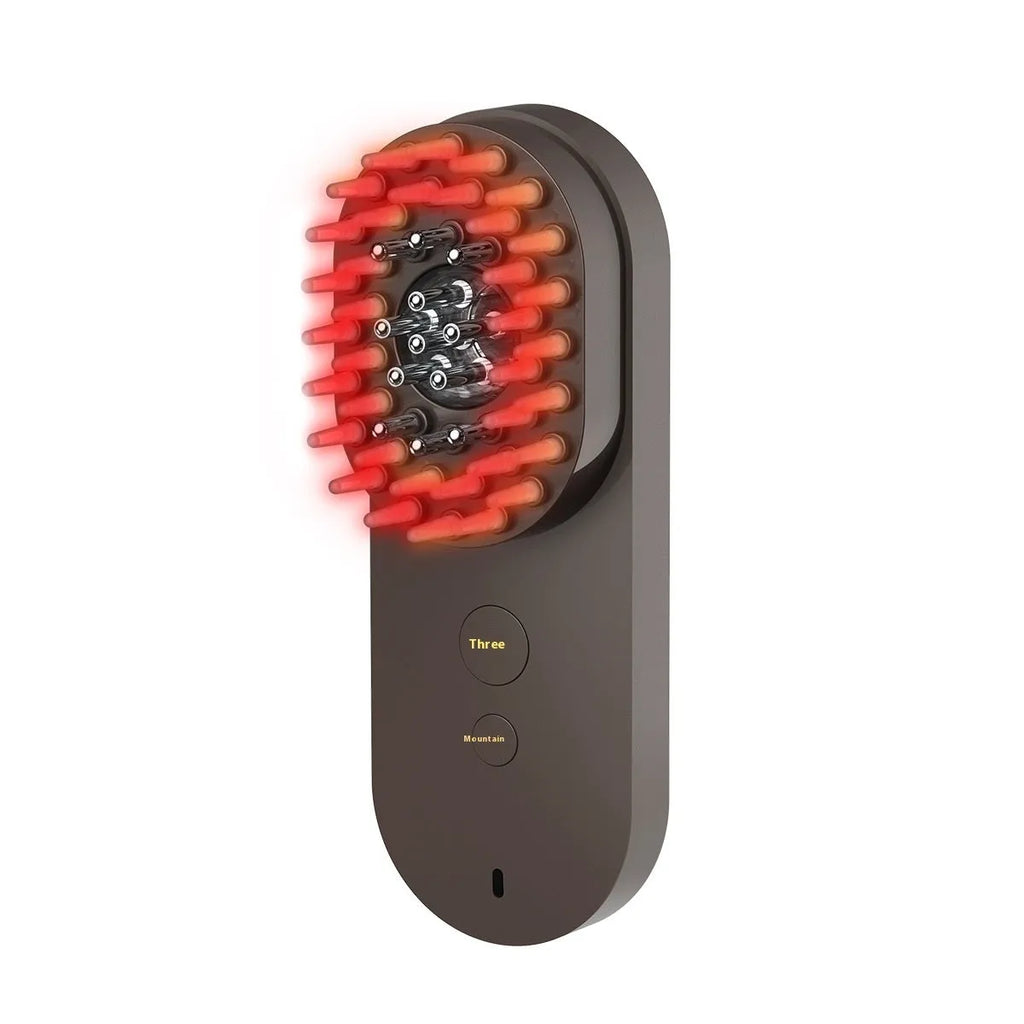 Smart massage comb with red light therapy in pink or black, measuring under 10cm