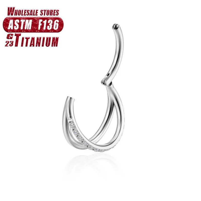 Titanium alloy fork nose ring for body piercing in silver, shown next to size options from 6mm to 12mm.