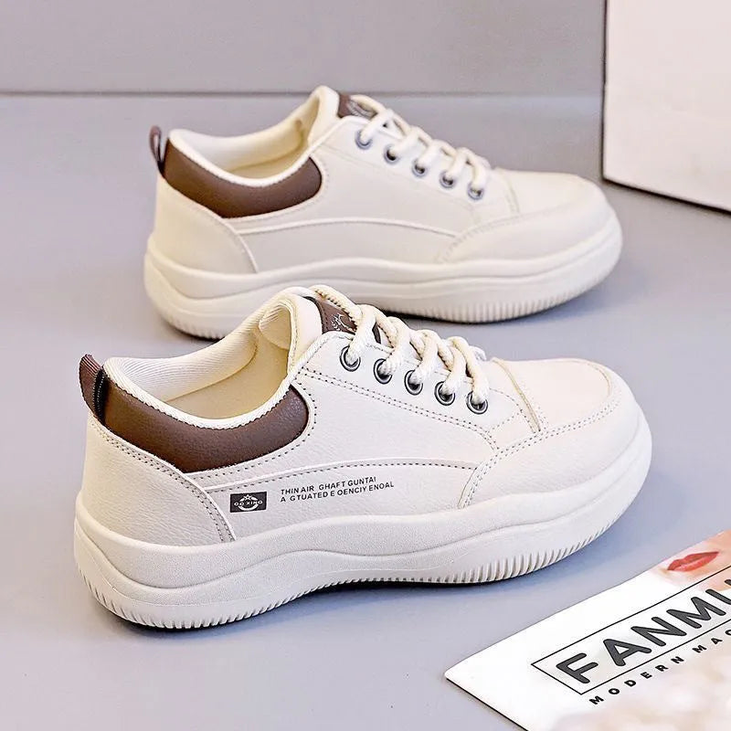 Women's Korean-style white leather shoes with cross straps and lace-up front