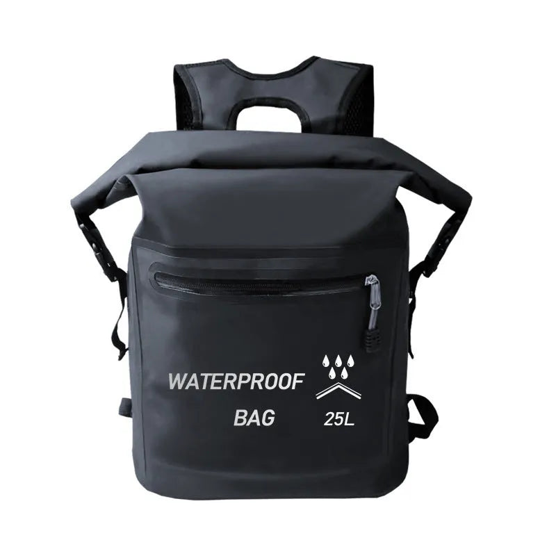 Black 25-litre waterproof backpack for outdoor swimming, river tracing and rafting activities.