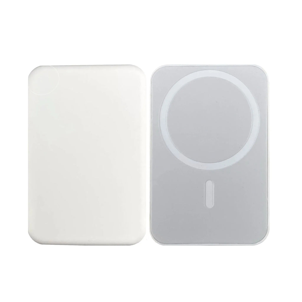 White magnetic wireless charger power bank with 5000mAh capacity showing compact PVC design