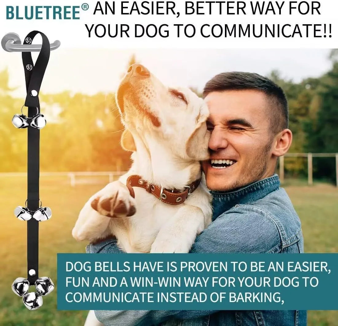 Dog training doorbell with seven silver metal bells on adjustable nylon strap for toilet training
