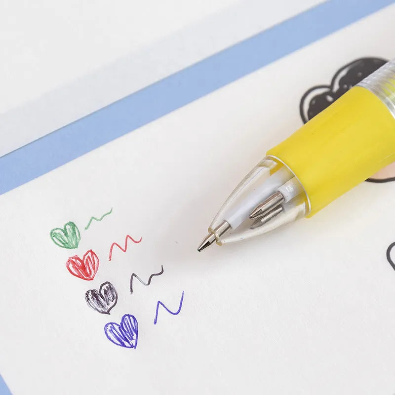 Four-colour press-action ballpoint pen with cartoon designs and 0.7mm bullet tip