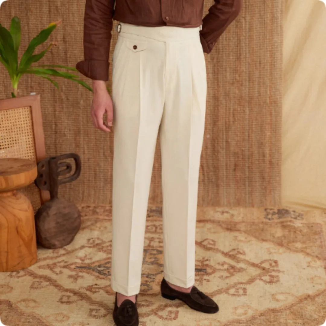 Men's slim fit business trousers in dark grey, light brown, and light apricot colours