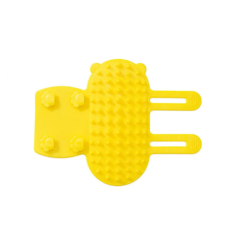 Silicone cat grooming comb and scratcher set with adjustable strap in black, green, pink, or yellow.