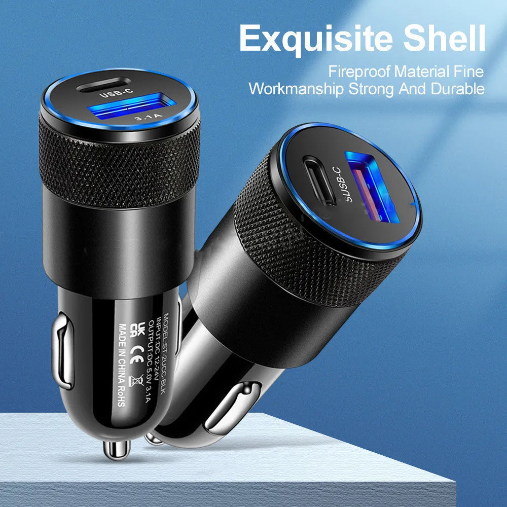 Aluminium alloy car charger with USB ports for vehicle mobile phone charging