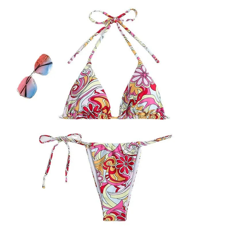 Women's triangle printed bikini set with hanging neck design in multicolor pattern