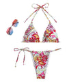 Women's triangle printed bikini set with hanging neck design in multicolor pattern