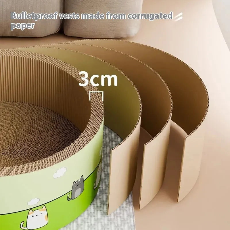 Large round corrugated paper cat scratch board with deepening pit design, shown in 45cm and 50cm sizes.