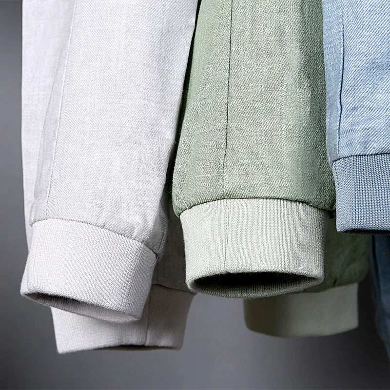 Men's regular fit cotton linen jacket in heather grey showing front design with colour-matched pattern