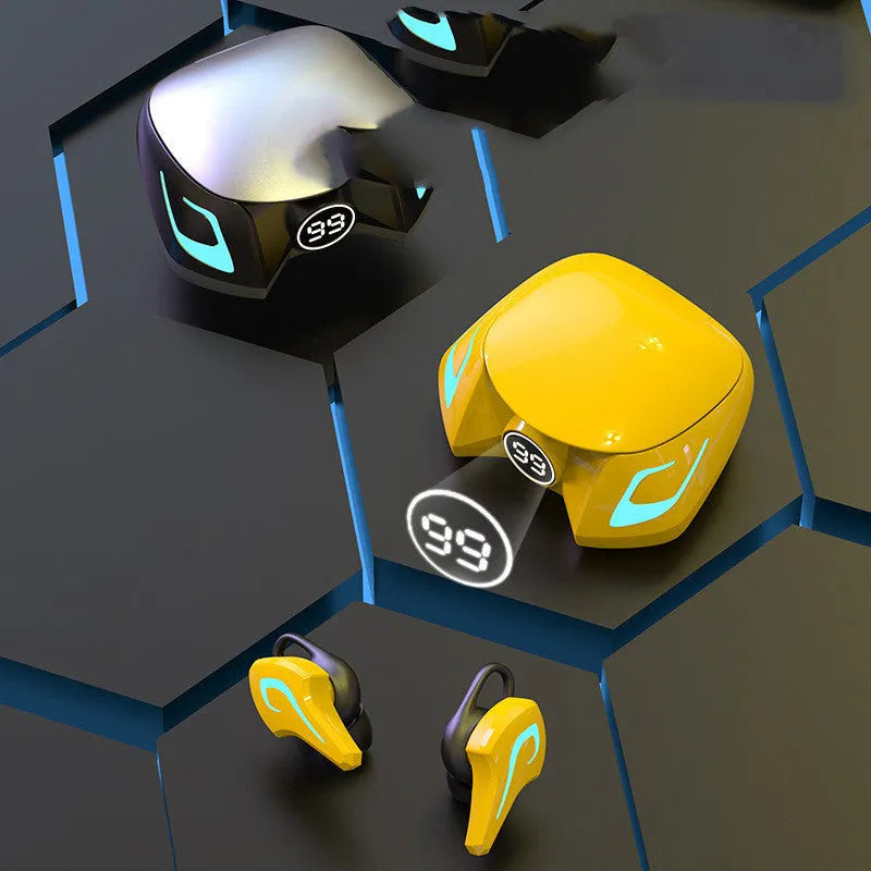 Wireless gaming earbuds in black grey, yellow, or cool black colours with earplug-style design