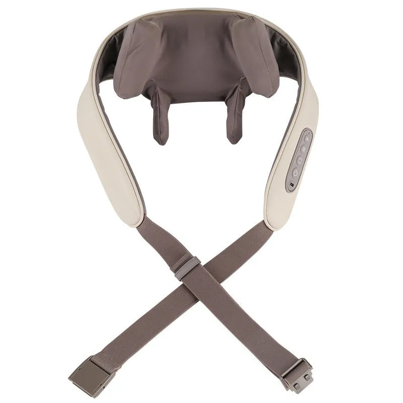 Creamy white rechargeable shoulder and neck massager with infrared physiotherapy function and USB charging cable