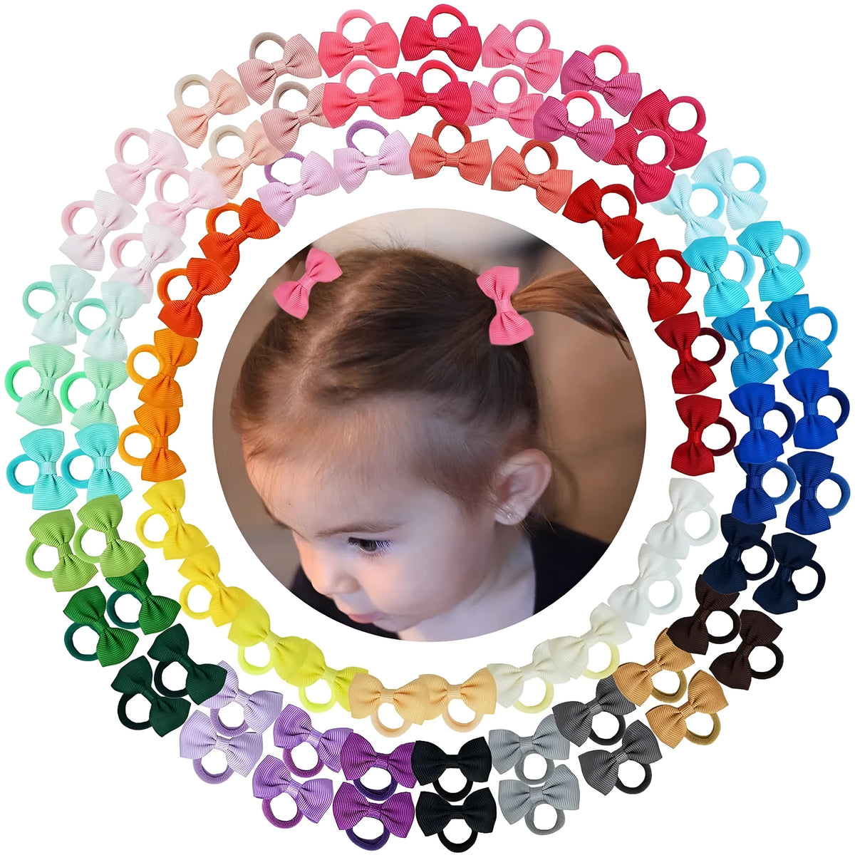 80 piece set of baby hair ties with grosgrain ribbon bows and matching elastic bands in multi-colours