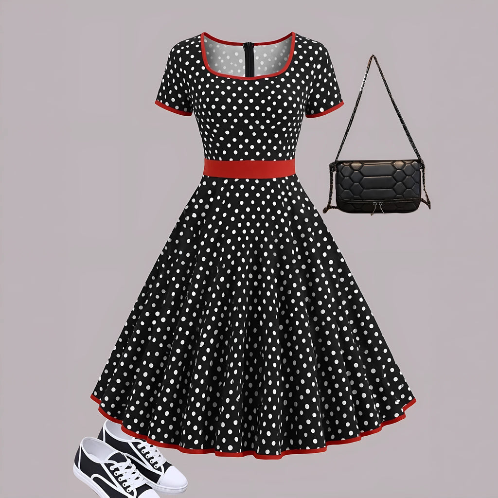 Polka dot dress with square collar, short sleeves, front zipper, and pleated mid-length skirt in multicolour pattern