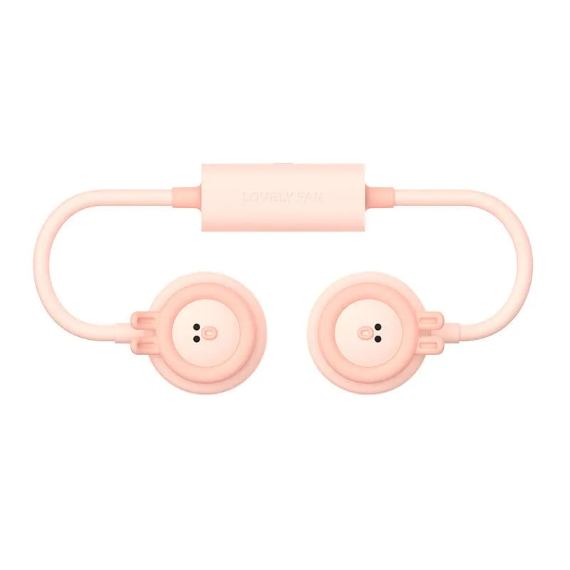 Pink and blue Sanhuo leafless hanging neck fan folded and unfolded showing USB port.