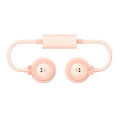Pink and blue Sanhuo leafless hanging neck fan folded and unfolded showing USB port.