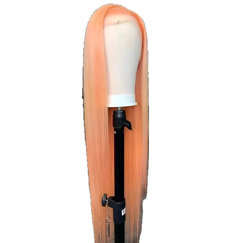 Light orange long straight synthetic wig with front lace and side bangs