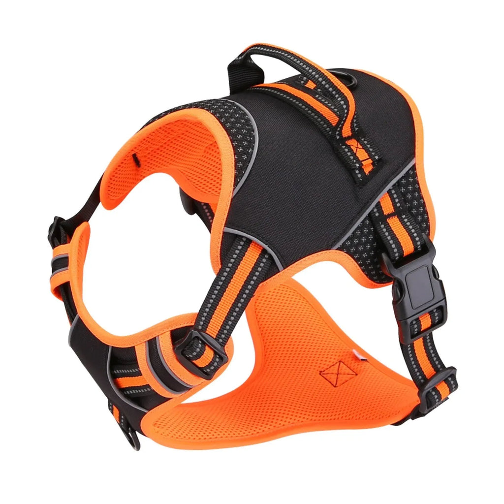 Orange dog harness with traction strap for outdoor walking and training control