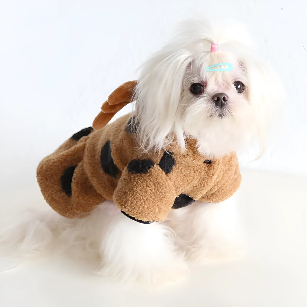Polka dot pattern pet clothing with elk couple motif in four-legs or skirt style options