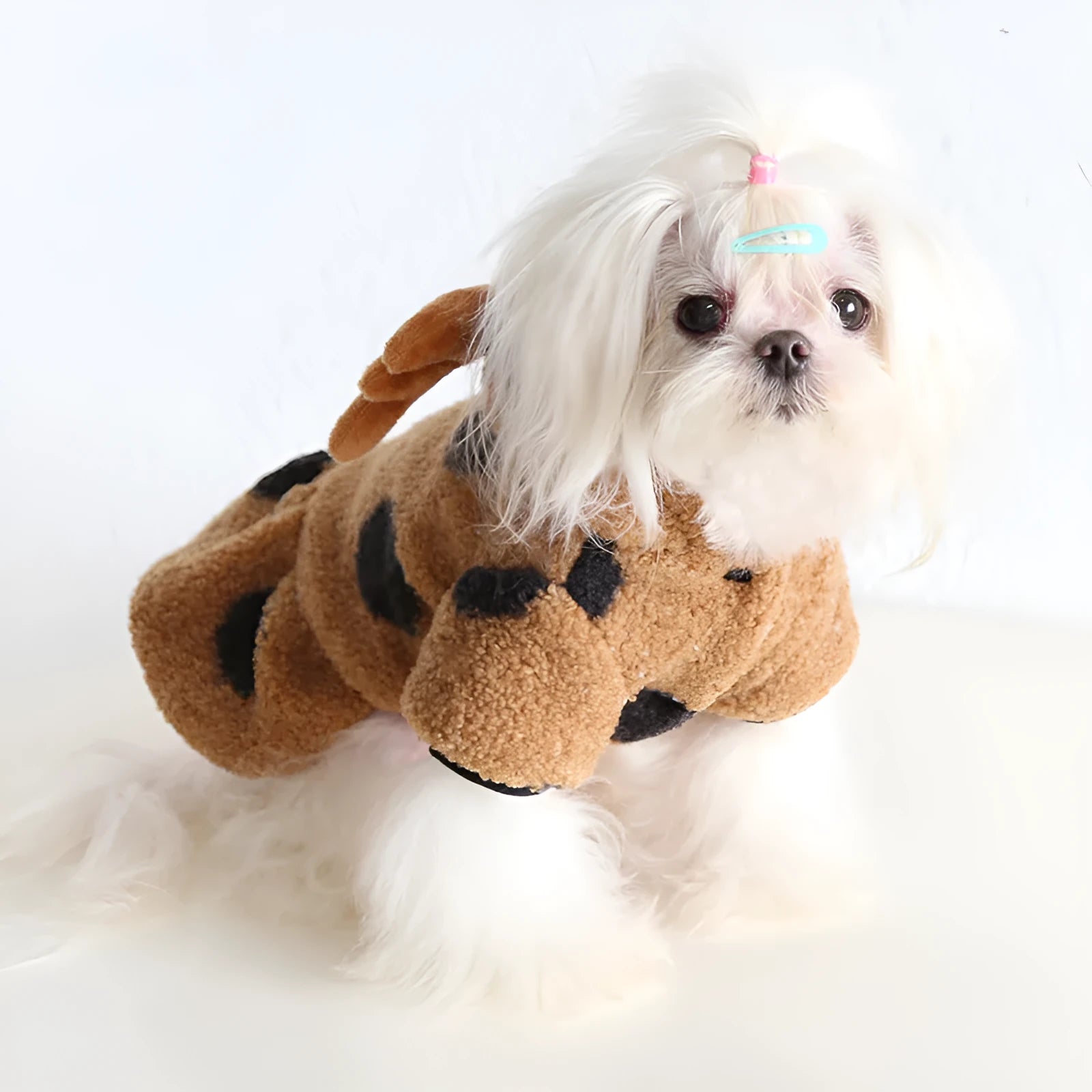Polka dot pattern pet clothing with elk couple motif in four-legs or skirt style options