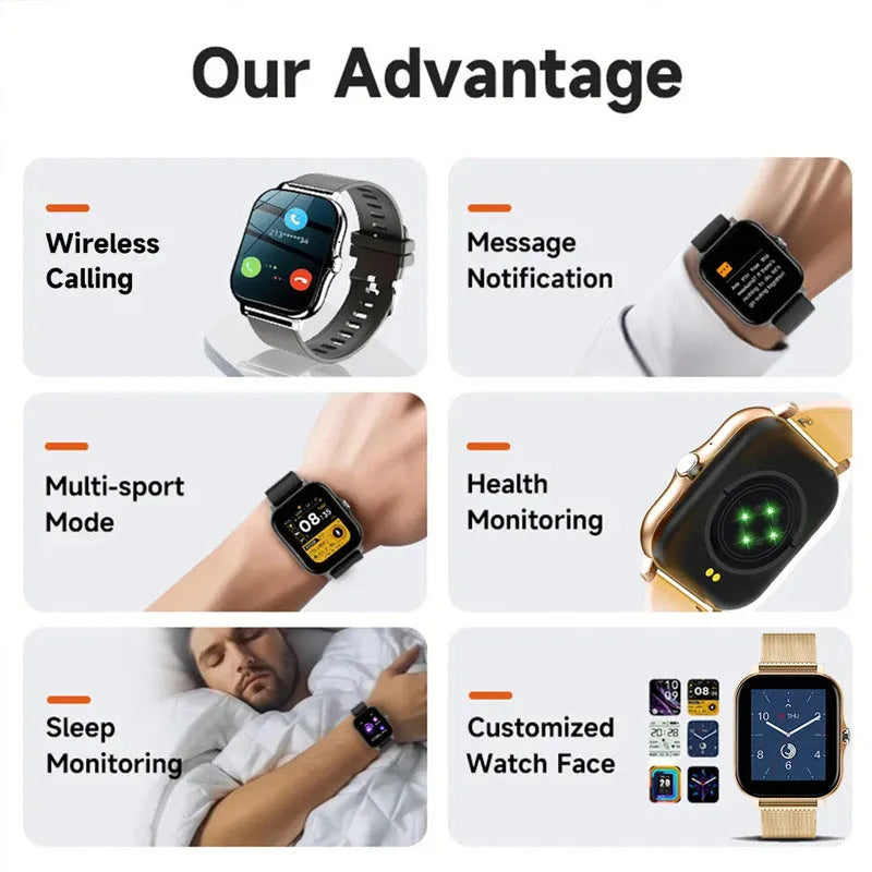 Smart watch with 1.44-inch touch screen and silicone wrist strap showing Bluetooth calling and health monitoring interface