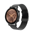 DT96 smart fitness bracelet with steel strap on wrist, showing 1.3 inch screen displaying time.
