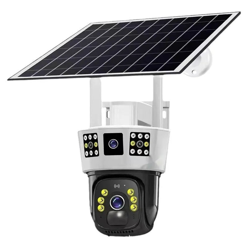 Solar-powered binocular outdoor surveillance camera with dual lenses and solar panel