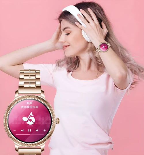 AK38 ladies smart watch with stainless steel Milanese band and 1.09-inch colour screen