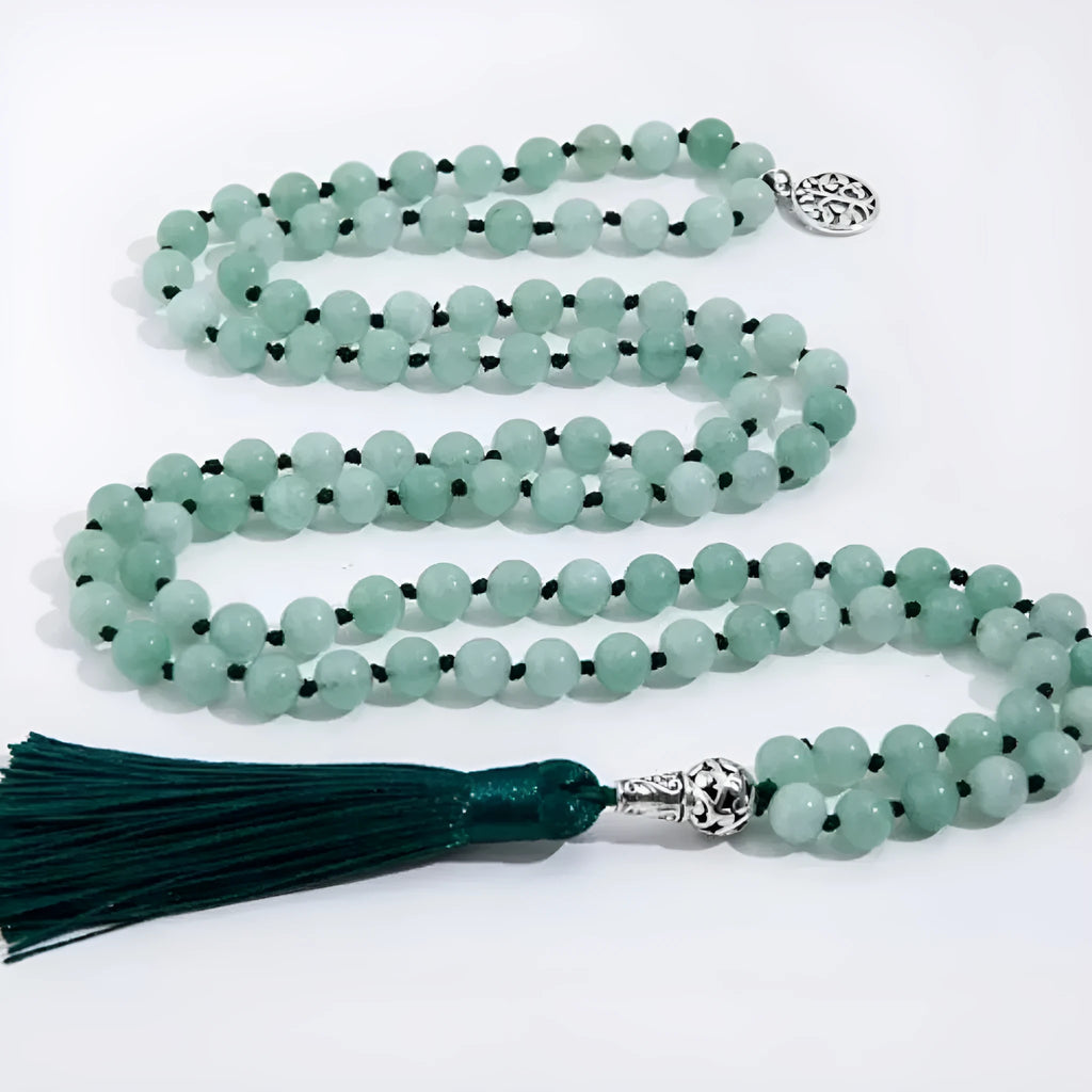 Handmade stone beaded necklace with 108 knotted 8mm beads in various natural colours on a 81cm strand