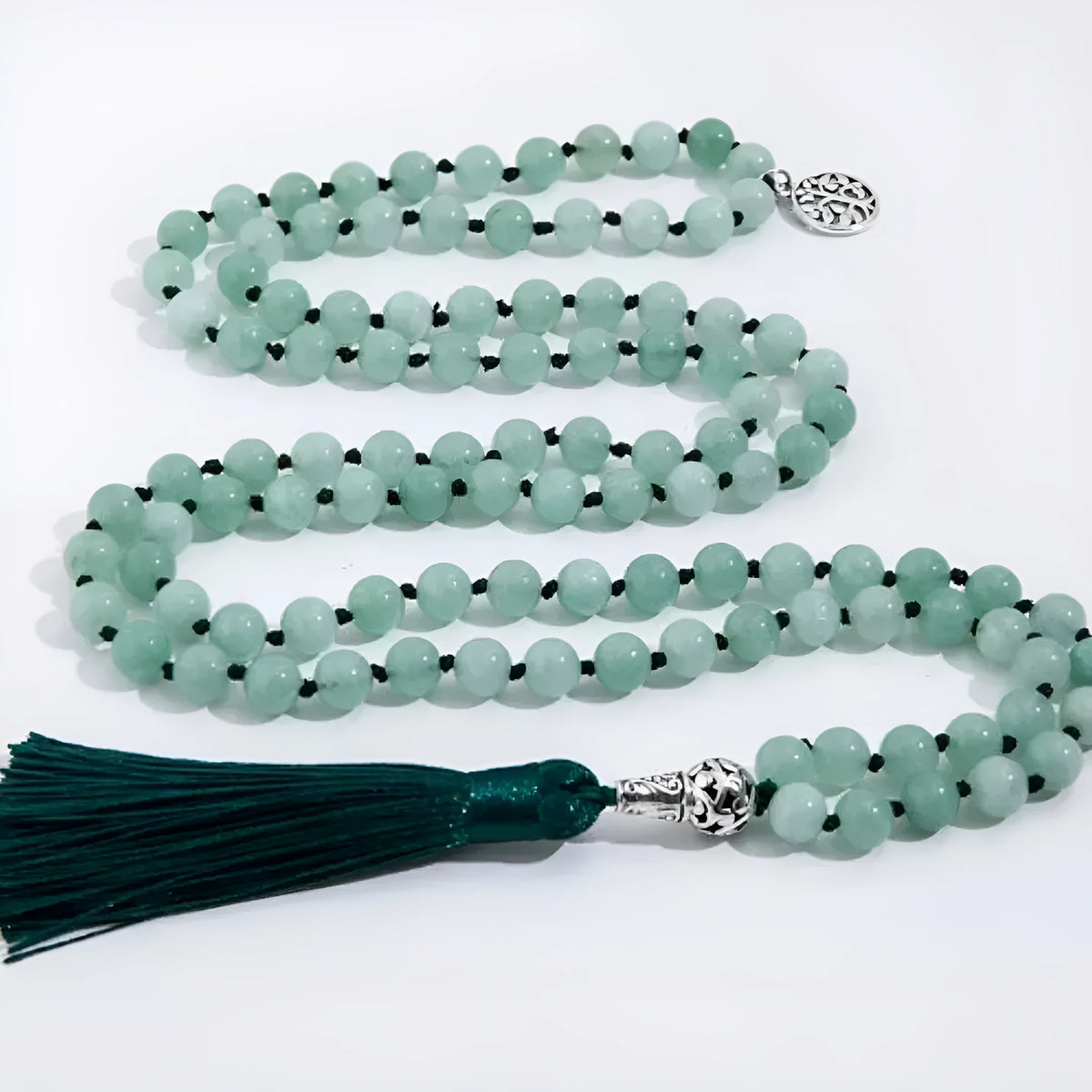 Handmade stone beaded necklace with 108 knotted 8mm beads in various natural colours on a 81cm strand