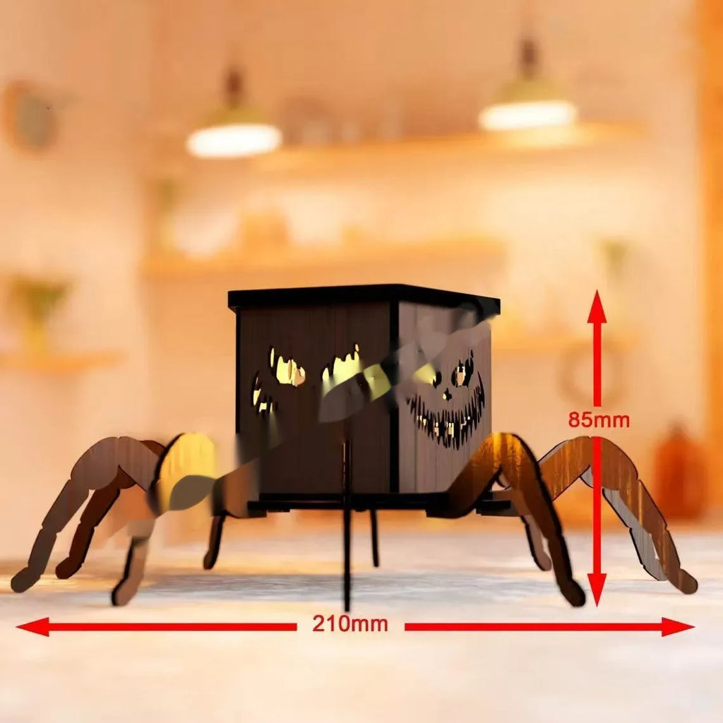 Wooden spider mini lantern Halloween candlestick decoration measuring 21cm by 8.5cm
