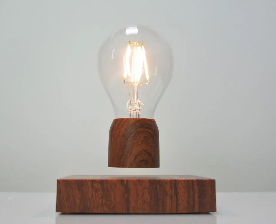Magnetic levitation floating bulb lamp with imitation wood base and international plug options
