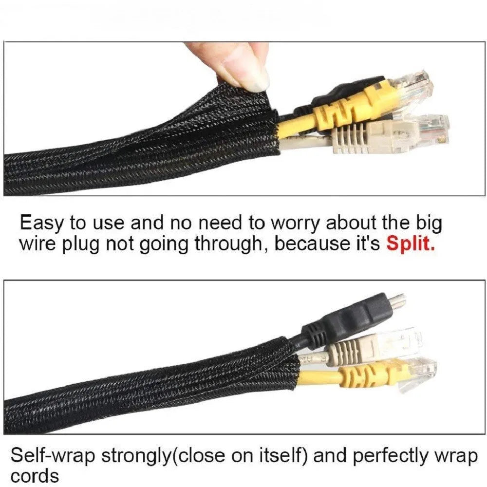 Black self-winding polyester mesh sleeve for automotive wire protection with VW-1 rating.