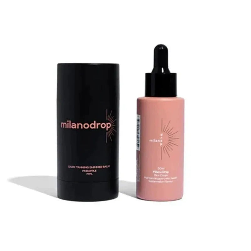 Matte black self-tanning liquid set showing 50ml tanning drops and 75ml flash cream bottles